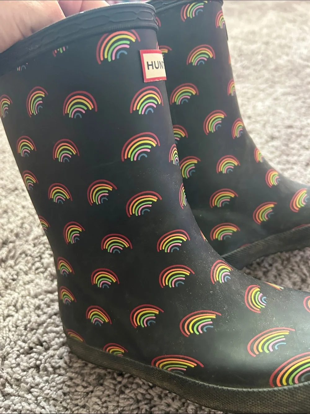 Hunter Black Rain Boots with Rainbow Motif